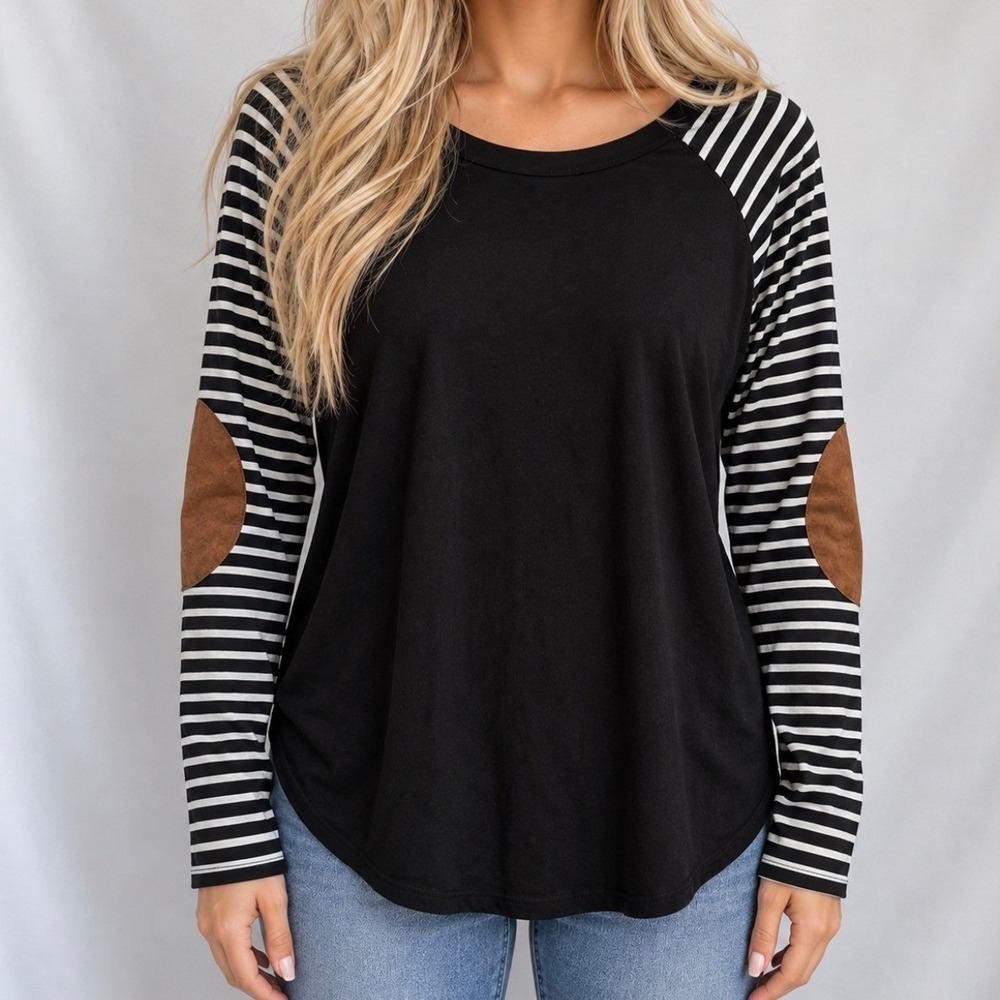 Hailey & Co. Raglan Top Size M Black Striped Good Elbow Patches T1404